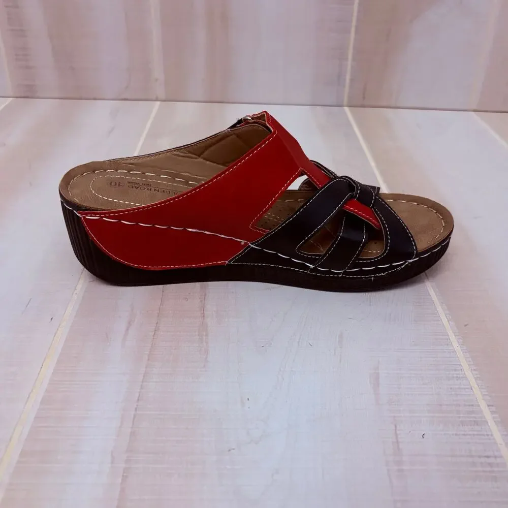 Golden Road Red and Black Comfort Wedge Sandals Sz 10 Slip On Casual Adjustable